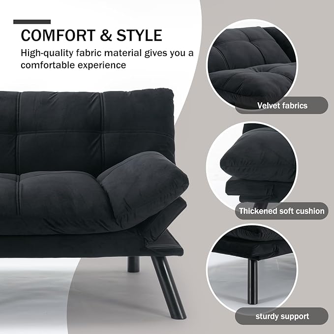 Convertible Futon Double Sofa Bed2 in 1 with Adjustable Backrest Memory Foam Loveseat for Living Room Bedroom Office Apartment Compact Sofa(Black)