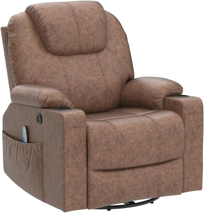 Manual 360 Degree Swivel Glider Rocker Recliner Chair with Massage and Heat 2 USB Ports 2 Front Pockets 2 Side Pockets and 2 Cup Holders Bronze Suede Fabric (Brown)