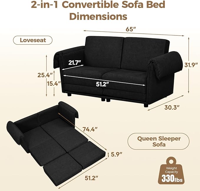FHFO 65 Loveseat Sleeper Couch for Small Spaces 3 in 1 Pull Out Sofa Bed Convertible Sleeper Sofa Comfy Sofabed for Living Room Bedroom Apartment (Black)