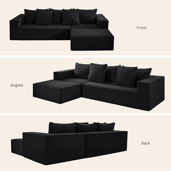 INGEROOM 108 Modular Cloud Sectional Couch with Deep Seat Boneless Sofa with Movable Ottoman Plush Corduroy Memory Foam Couch for Living Room No Assembly Dark Gray