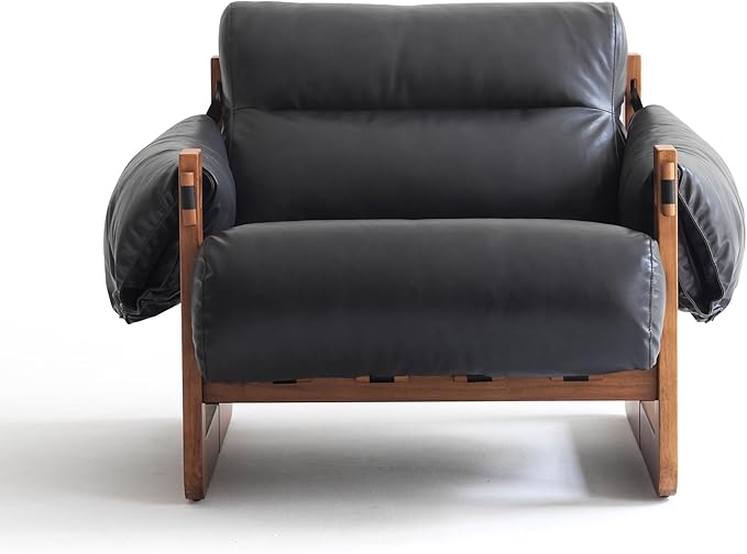Vintage Solid Wood Frame Lounge Chair with Resilient Silk-Cotton Fill &amp Ergonomic Support for Living Spaces (Black one Chair)