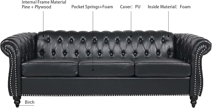 Chesterfield PU Leather Sofa Upholstered PU Sofa with Tufted Back Classic 3 Seater Leather Couch Rolled Arm for Living Room Office Black