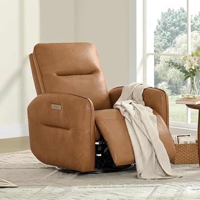 CHITA Faux Leather Power Recliner Chair Swivel Glider Recliner for Adults Nursery Rocking Chair with USB &amp Type-C Charging for Living Room Bedroom Camel