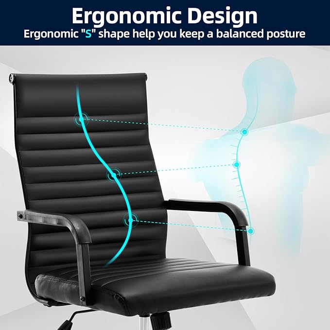 Office Chair Ergonomic Executive Conference Room Chairs Ribbed Leather Desk Chair with Lumbar Support Adjustable Height Mid-Back Swivel Chair with Padded Seat and Square Tube Armrests