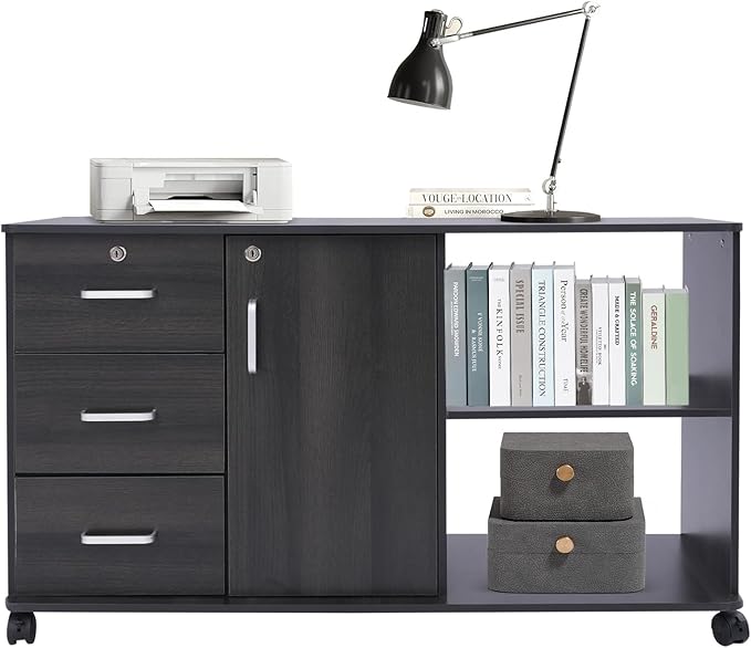3-Drawer Mobile Lateral Filing Cabinet Rolling Printer Stand with Wheel 39.4 × 13.4 × 23.2in Locking File Cabinet with Charging Station for Home OfficeBlack