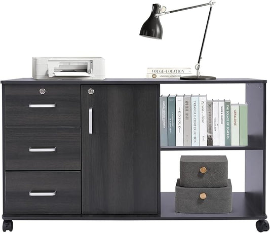 3 Drawer Mobile File Cabinet Locking File Cabinet with 5 Wheels Under Desk Storage Printer Stand File Cabinets for Home Office Black