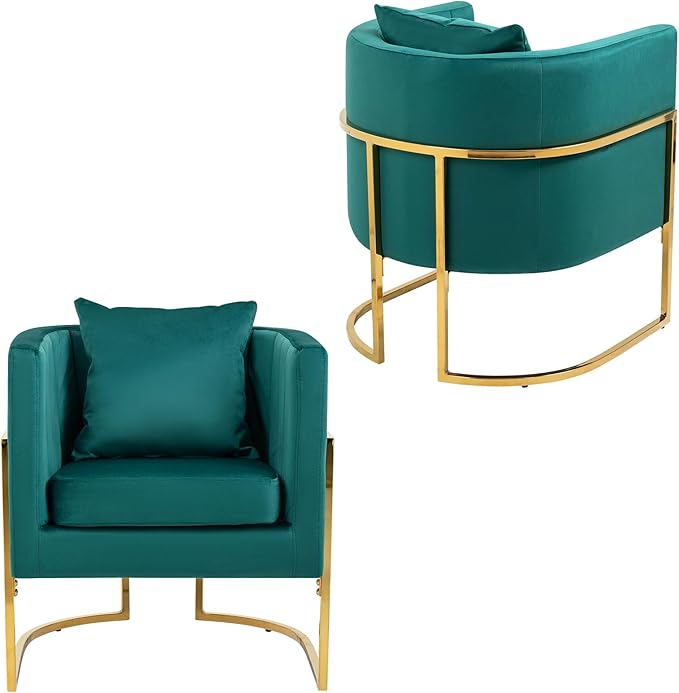 Velvet Modern Accent Chairs Set of 2 Upholstered Barrel Armchair Mid Century with Pillow for Living Room Comfy Single Vanity Chair with Metal Gold Legs for Bedroom Green