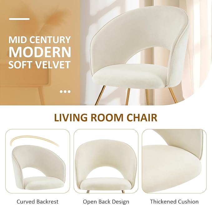 Furniliving Velvet Vanity Chair with Curved Back Upholstered Barrel Desk Chair with Gold Legs Mid Century Modern Accent Chair for Living Room Dressing Room Bedroom Khaki