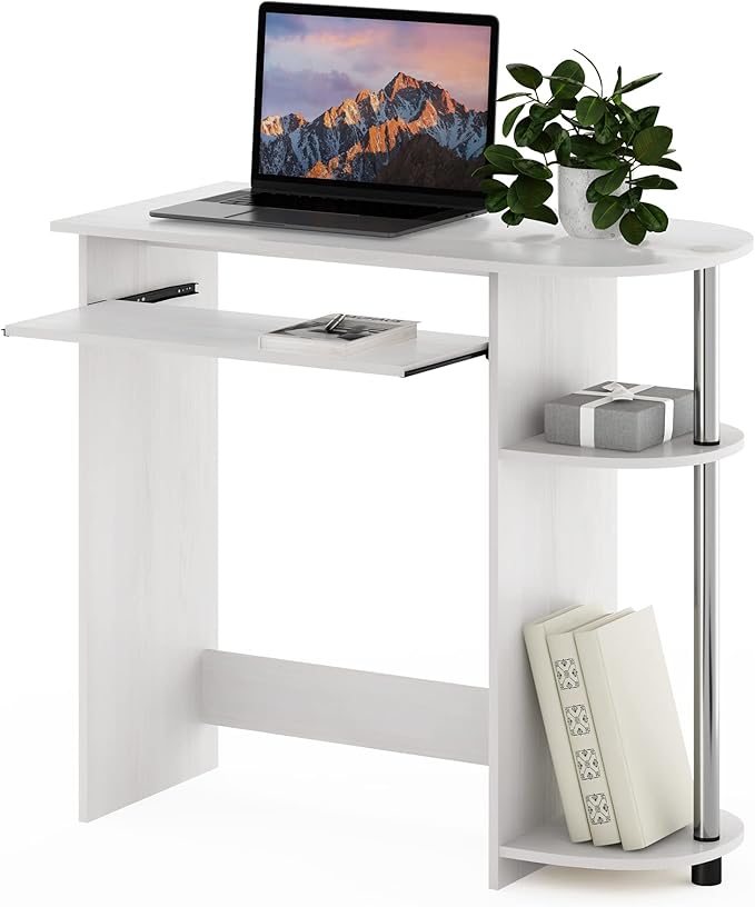 Furinno Simplistic Easy Assembly Computer Desk with Keyboard Tray White Oak/Stainless Steel