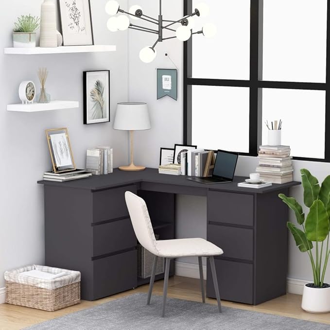L-Shaped Writing Desk Corner Computer Desk with Drawer and Shelves 57.1in Study Table Workstation for Home Office Multipurpose PC Laptop Table Work Table Office Desk (Gray)