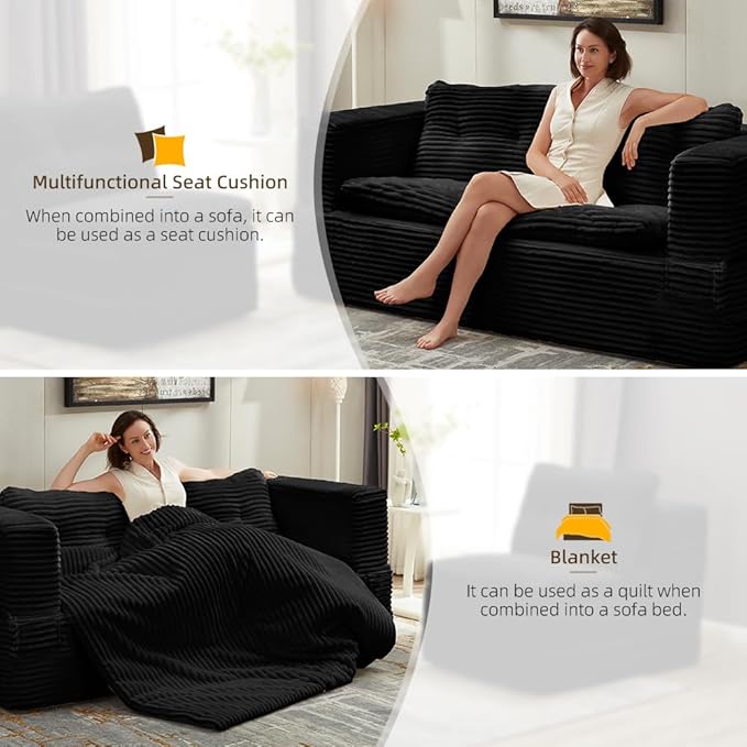 80-inch Folding futon Sofa Bed Full-Size Convertible Sleeper Couch Bed Memory Sponge Double Sofa with Comfortable Mattress Suitable for Living Room (Black Sofa Set 80'' inches+blanket)
