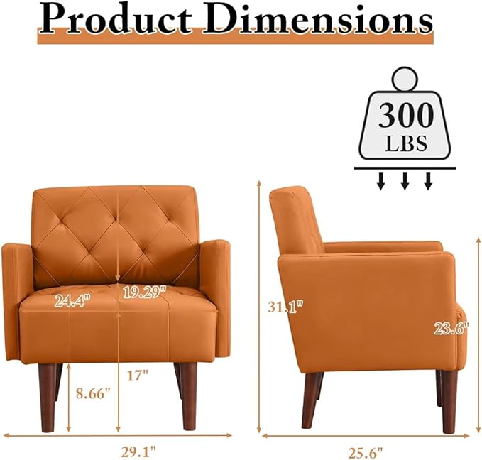Accent Chairs Leather Accent Chair Modern Upholstered Living Room Chair Cozy Armchair Button Tufted Back and Wood Legs for Bedroom Office Cafe (Orange)