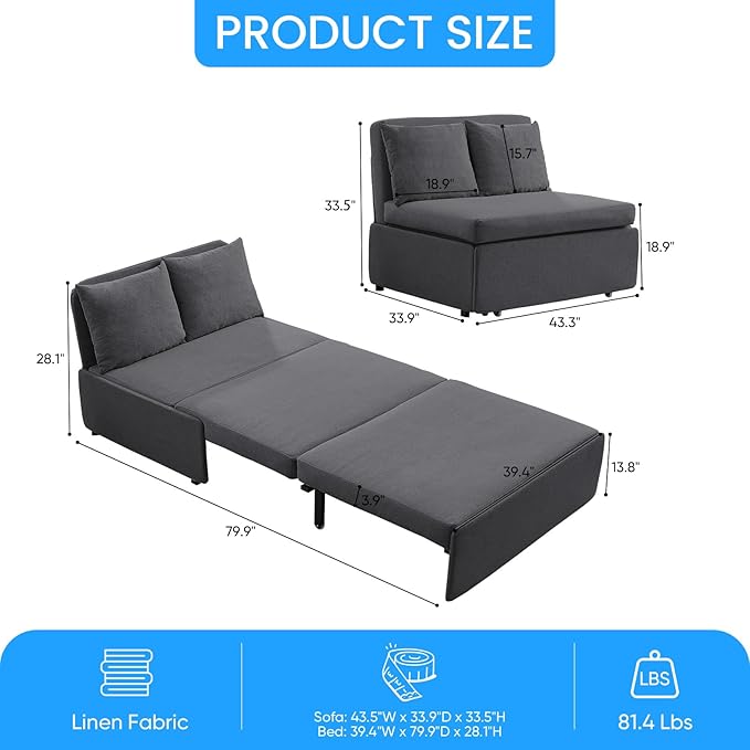 PUREMIND Twin Sofa Bed Twin Size Pull Out Sofa Beds with 2 Pillows&amp Tri-fold Mattress Linen Chair Bed Pull Out Couch Beds for Small Place Apartment Dark Grey