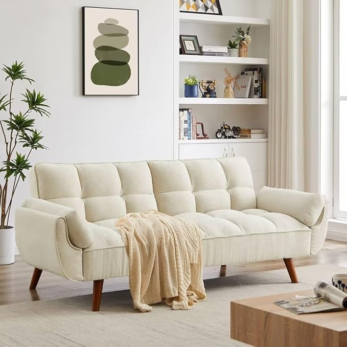 Convertible Sofa Bed Folding Loveseat Couch Modern Futon Recliner Sleeper with Adjustable Backrest Beige