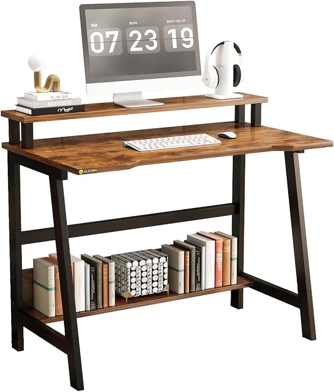 31.5 Inch Modern Small Desk Compact Computer Desk for Home Office and Study Space Saving with Multi-Function Open Shelves