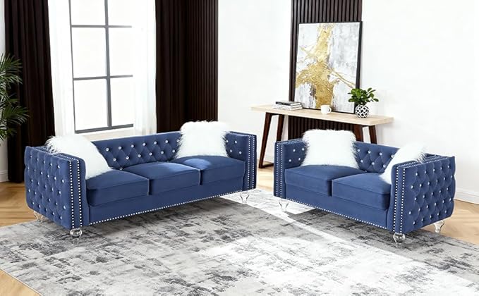 Luxury Chesterfiled Sofa Couch Set of 2 for Living Room2PC Modern Diamond Button Tufted Sofas with Acrylic Crystal Legs2 Piece Couches Set with Silver Nailhead Trim (Blue 2PC Sofa Set)