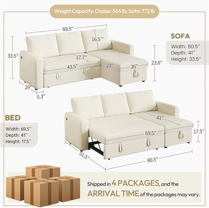 Yaheetech Sectional Sofa L-Shaped Sofa Couch Bed w/Chaise &amp USB Reversible Couch Sleeper w/Pull Out Bed &amp Storage Space Living Room Beige