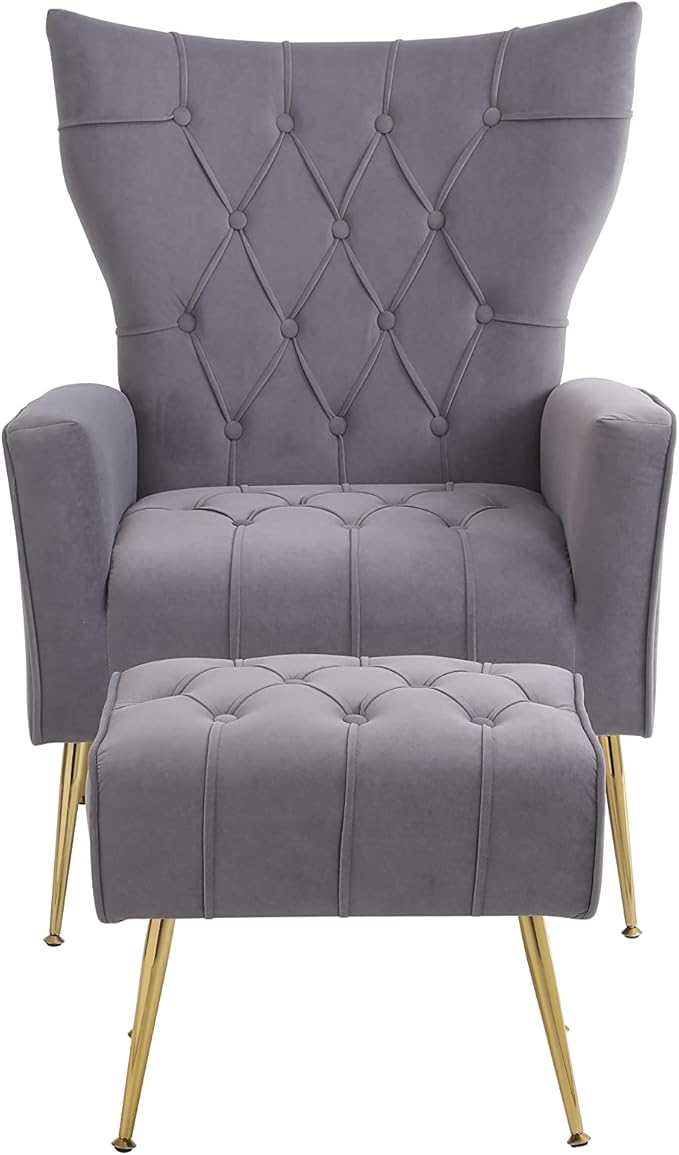 Velvet Accent Chair with Ottoman Modern Sherpa Chair with High Backrest and Armrest Upholstered Reading Chair with Ottoman Set Comfy Living Room Chair with Metal Leg for Bedroom (Grey)