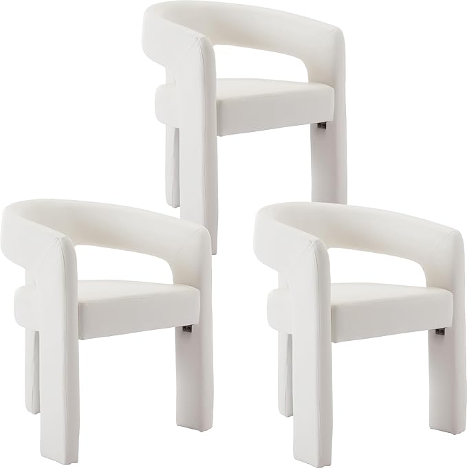 Wahson Modern Dining Chair Set of 3 Faux Leather Upholstered Barrel Kitchen Chair Round Dining Chairs with Wooden Legs Assembled Accent Armchairs for Dining Room/Living Room/Bedroom/Side White