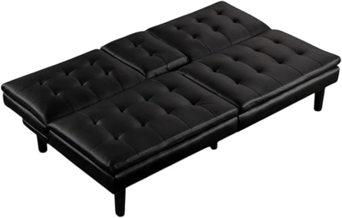 Benzara Berie Futon Sofa Bed Drop-Down Tray Cupholder Black Faux Leather