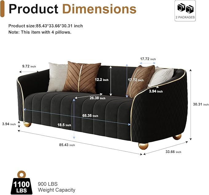 85 3-Seater Velvet Sofa - Modern Plush Spring Cushion Solid Wood Frame Spacious Deep Seat for Small Spaces Family Living Room &amp Office (Black 3S)