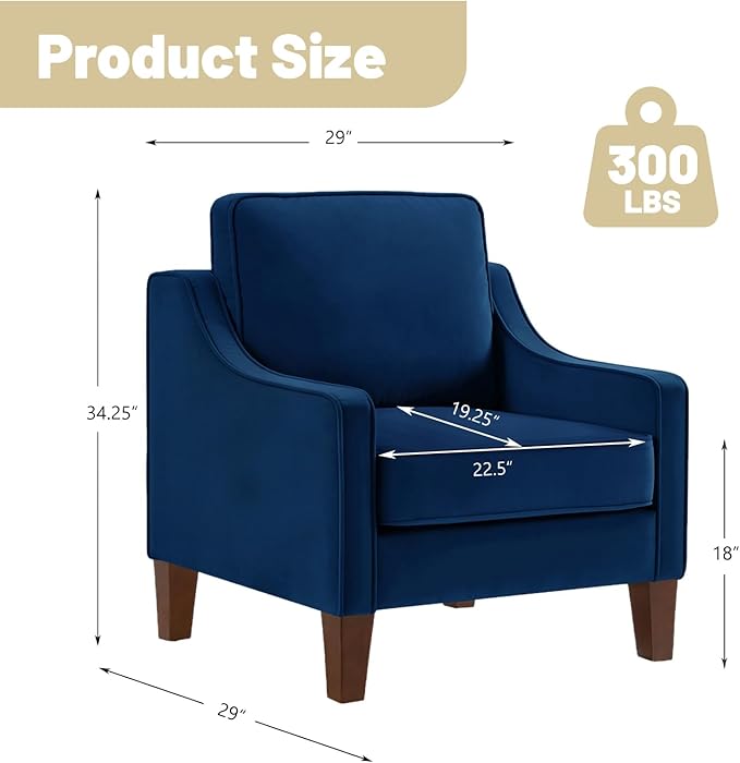Modern Accent Chair Velvet Upholstered Single Sofa Chair with Wooden Legs Comfy Arm Chair for Living Room Bedroom Navy