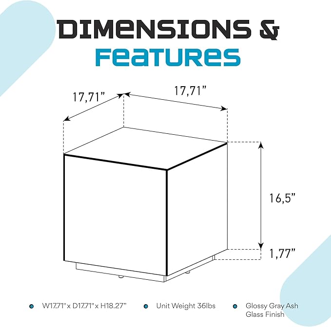 SONOROUS Premium Tempered Glass Side Table - Luxury Nightstand &amp Bedside Table for Bedroom or Living Room - High Gloss End Table in Gray Finish - Sleek Cube Design with Fingerprint Resistant Glass