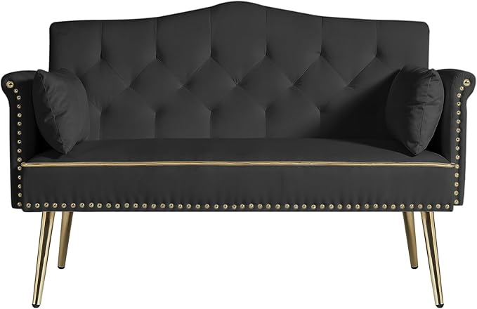 KEIKI 55 Velvet Loveseats Sleeper Sofa with 2 Arm Pocket and 4 Solid Metal Legs Modern Style 2-Seater Couch with Tufted Back and Seat Easy Assembly for Apartment Living Room and Bedroom Black