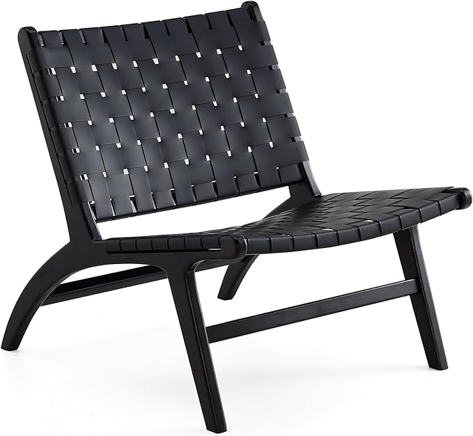 Manhattan Comfort Maintenon Modern Faux Leather Accent Chair with Solid Ashwood Legs Modern Woven Design Fully Assembled Perfect for Living Room Set of 2 Black/Natural