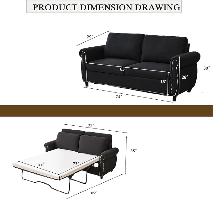 Queen Pull Out Sofa Bed 74' Large Convertible Sleeper Sofa 2 Seater Loveseat Sofa-Bed with Queen Size Mattress for Living Room Small Spaces Apartment Studio Dark Gray