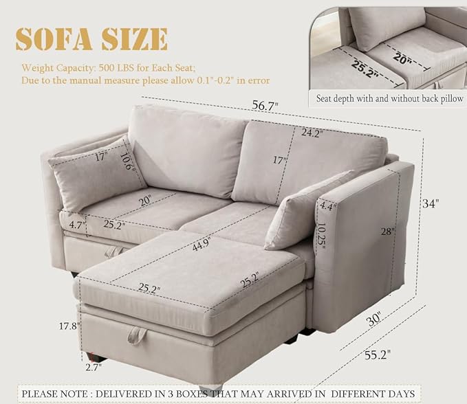asunflower Loveseat Sofa with Seats Storage Modular Sectional Sofa Small Couch with Ottoman for Small Spaces Convertible L Shaped Love Seat 2 Seater Couch for Bedroom Home Office(Grey)