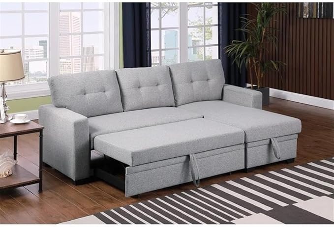 Devion Furniture L-Shaped Polyester Fabric Reversible Easy Convertible Pull-Out Sleeper Sectional Sofa/Storage Chaise with Tufted Back Cushions and Track Arms in Light Gray