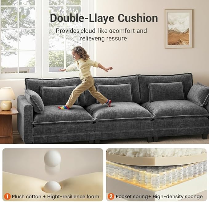 Amada Sectional Couches for Living Room U-Shaped Comfy Cloud Modular Sectional Sofa 5-Seater Chenille Deep Seat Sofa Sleeper with 2 Movable Ottomans &amp Throw Pillows (Grey)