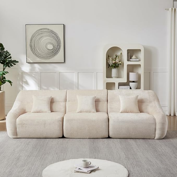 123 L-Shaped Corner Sectional Sofa with Curved Edge Modern Chenille Modular Cloud Couch High Back Oversized 4-Seater with 4 Pillows No Assembly Required Beige