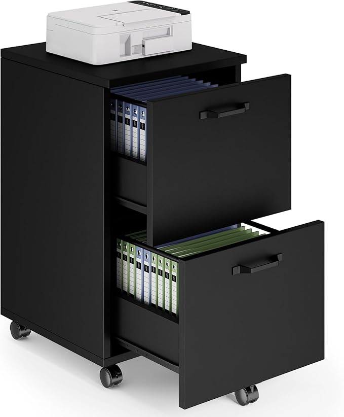 Sweetcrispy 2 Drawer Filing Cabinet Black Rolling Wood File Cabinets with Printer Stand Under Desk Storage Lockable Wheels Home Office Organizer