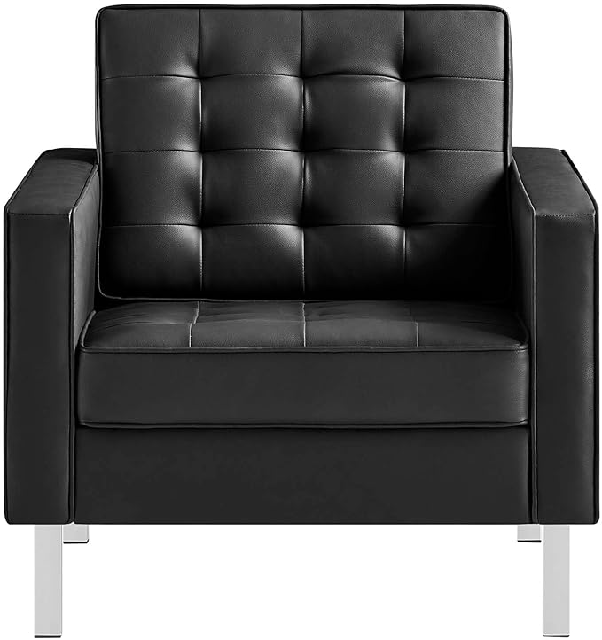 Modway Loft Tufted Button Faux Leather Upholstered Accent Armchair in Silver Black