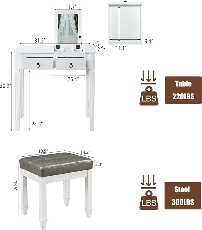 White Makeup Vanity Desk Set with Flip Top Mirror 31.5 Small Vanity Desk with Mirror Dressing Table with 2 Drawers&amp7 Compartments Makeup Table with Hidden Grey Padded Stool for Bedroom Small S
