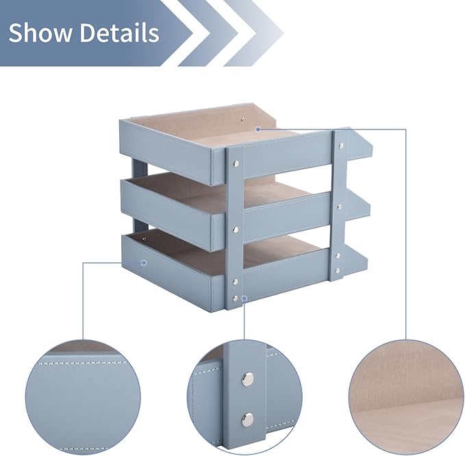 Leather Desk Organize Holder3-Layer Stackable Letter TrayUsed to Store documentsFoldersStationeryMagazinesPaperand Other Home Office SuppliesDesk File Rack (Grey)