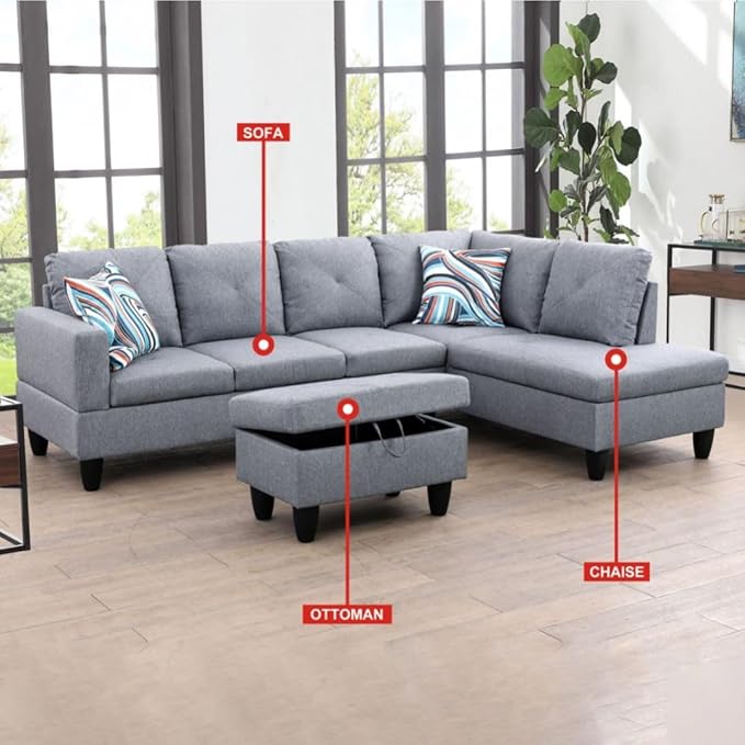 Grey L-Shaped 3-Piece Linen Sofa with Storage Ottoman Set Sectional Couch Sofa Set for Living Room Office Small Space