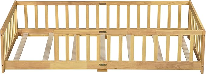 Bellemave Twin Floor Bed with Slats and Safety Guardrails Kids Montessori Floor Beds with Fence and Without Door Easy Assemble Floor Bed for Kids Girls Boys Natural