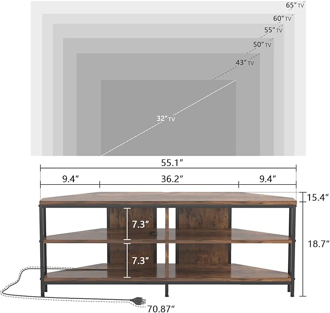 MUTUN Corner TV Stand with Power Outlet Corner Entertainment Center for 32 43 50 55 60 Inch TV Industrial Media Console Table for Living Room Bedroom 55 Inch Rustic Brown