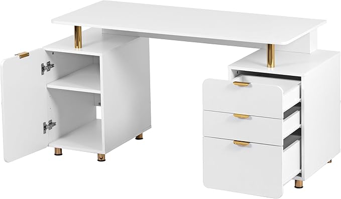 Elegant 56.75 W Executive Desk with 3 Drawers and Storage Cabinet Modern Office Desk with Gold Accents Floating Work Surface Closed Storage with Ventilation &amp Adjustable Shelf (WhiteGold)