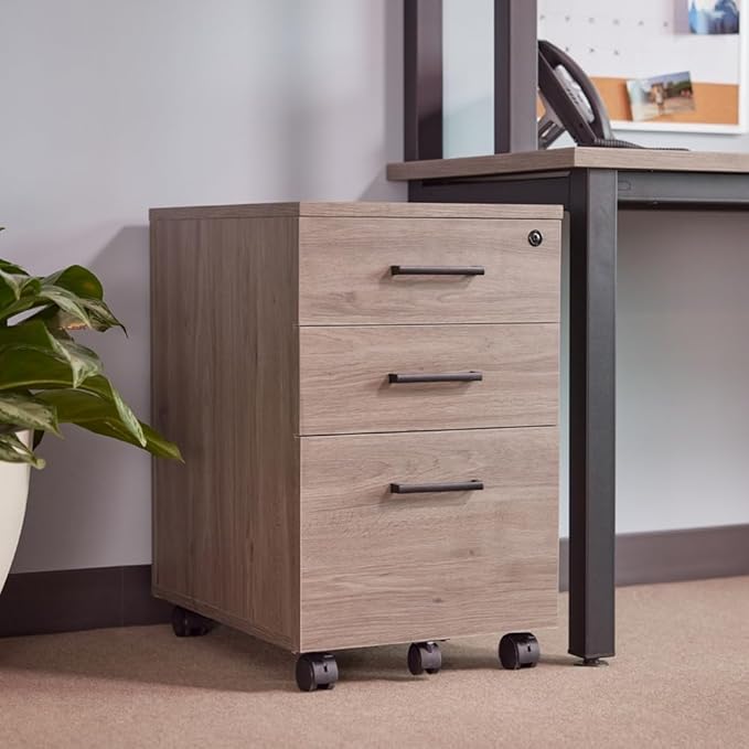 NBF Three Drawer Mobile File Pedestal - 16.1 W Driftwood Gray | File Cabinet Industrial Furniture Mobile Storage