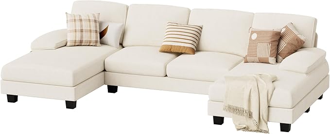 JUMMICO Sectional Couches for Living Room U Shaped Couch with Chenille Fabric 4 Seat Modern Sofa with Removable Pillows for Apartment and Small Space (Fabric White)