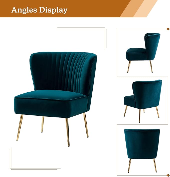 TINA'S HOME Velvet Accent Chair Set of 2 with Metal Golden Legs Upholstered Armless Slipper Chair with Wingback Mid Century Side Chair for Living Room Bedroom Makeup Vanity- Teal