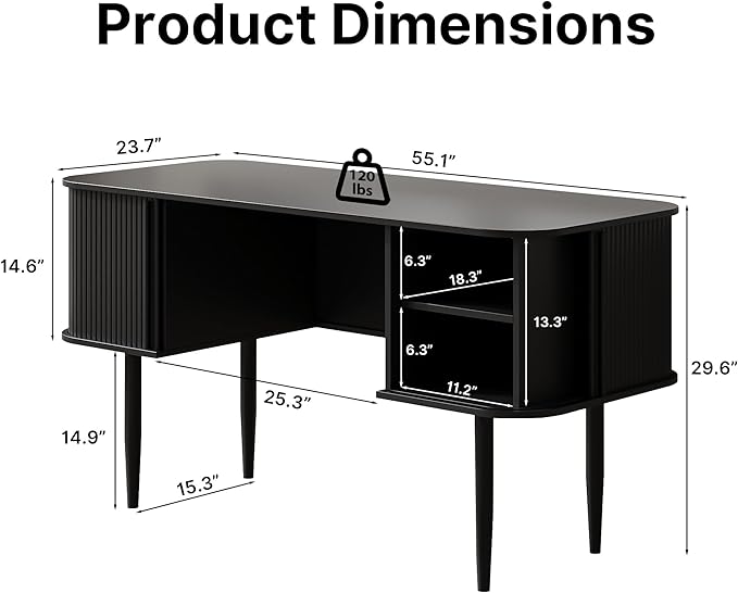 55 Modern Writing Desk with Storage Wood Home Office Desk with Sliding Doors Computer Desk for Home Office Dorm Living Room Home Study Table Black