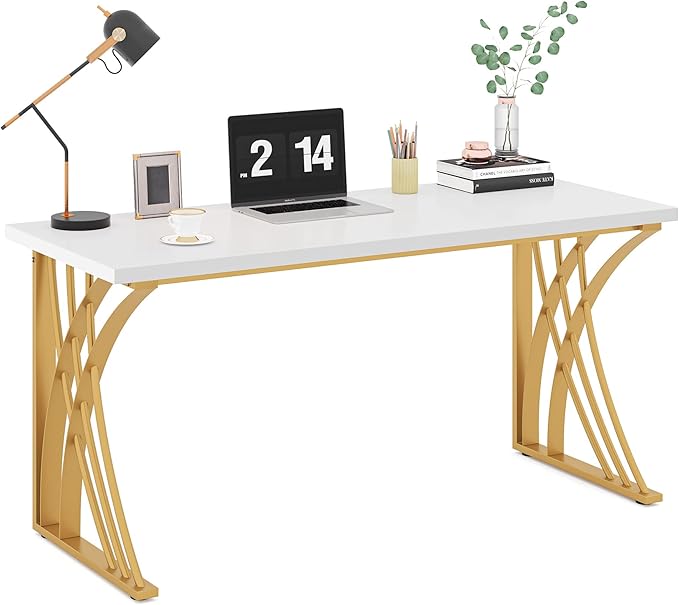 Tribesigns 55 Large Modern Computer Desk White &amp Gold Luxury Laptop PC Student Table Makeup Vanity Table with Thick Frame &amp Strong Legs Sturdy Writing Workstation for Home &amp Office