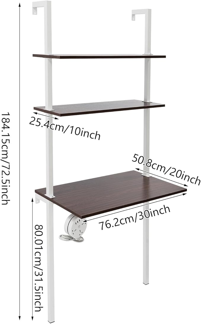 Wall Mounted Desk Computer Writing Table Industrial Wall Mount Ladder 3 Tier Computer Desk for Home Office Student Dormitories (Brown+White)