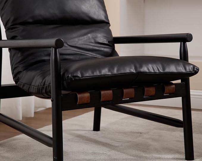 Mid Century Modern Sling Accent Chair Faux Leather Living Room Chair with Solid Wood Frame Comfy Upholstered Single Sofa Armchair for Lounge/Bedroom/Reading Black