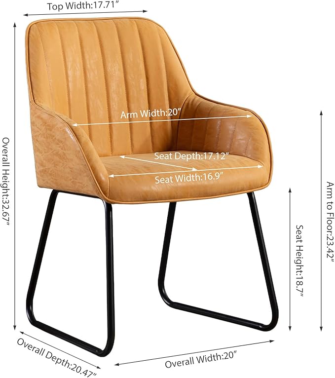 Vanity Art Mid Century Modern Accent Chair with Arms Upholstered Synthetic Faux Leather Chair for Living Room Bedroom Reading Area Comfy Dining Chairs Set of 2 (Yellow Tan) UC-15T